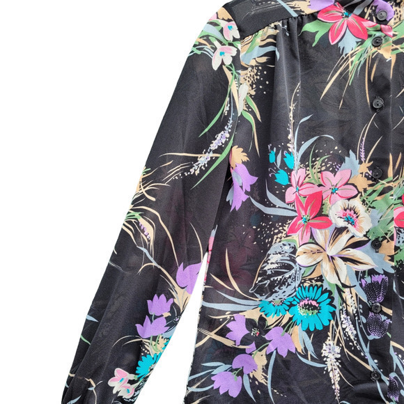Teddi California Vintage 70s Sheer Tropical High Collar Long Sleeve Blouse Top - Picture 8 of 13